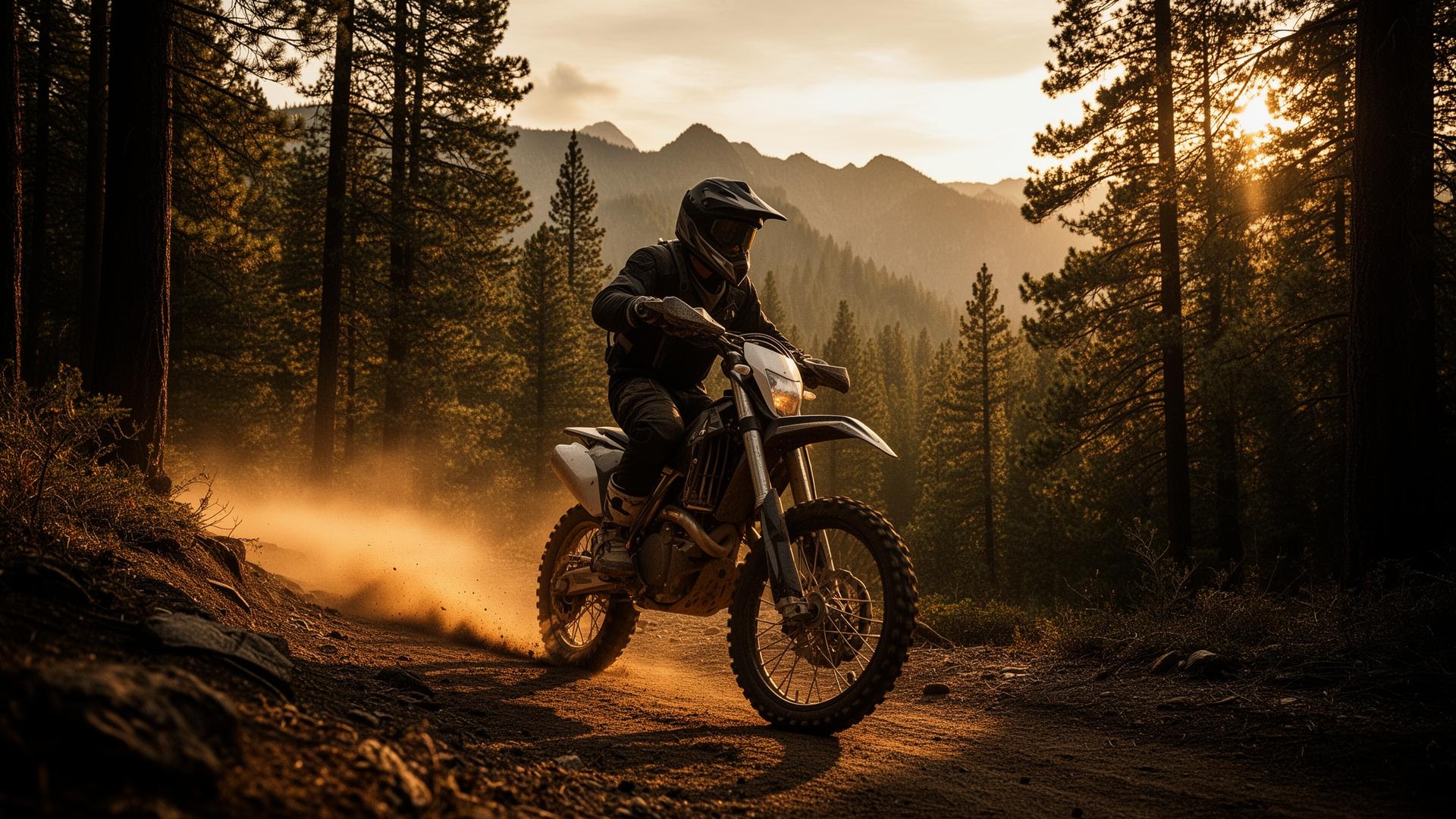 Dirt bike rider on a forest trail at golden hour